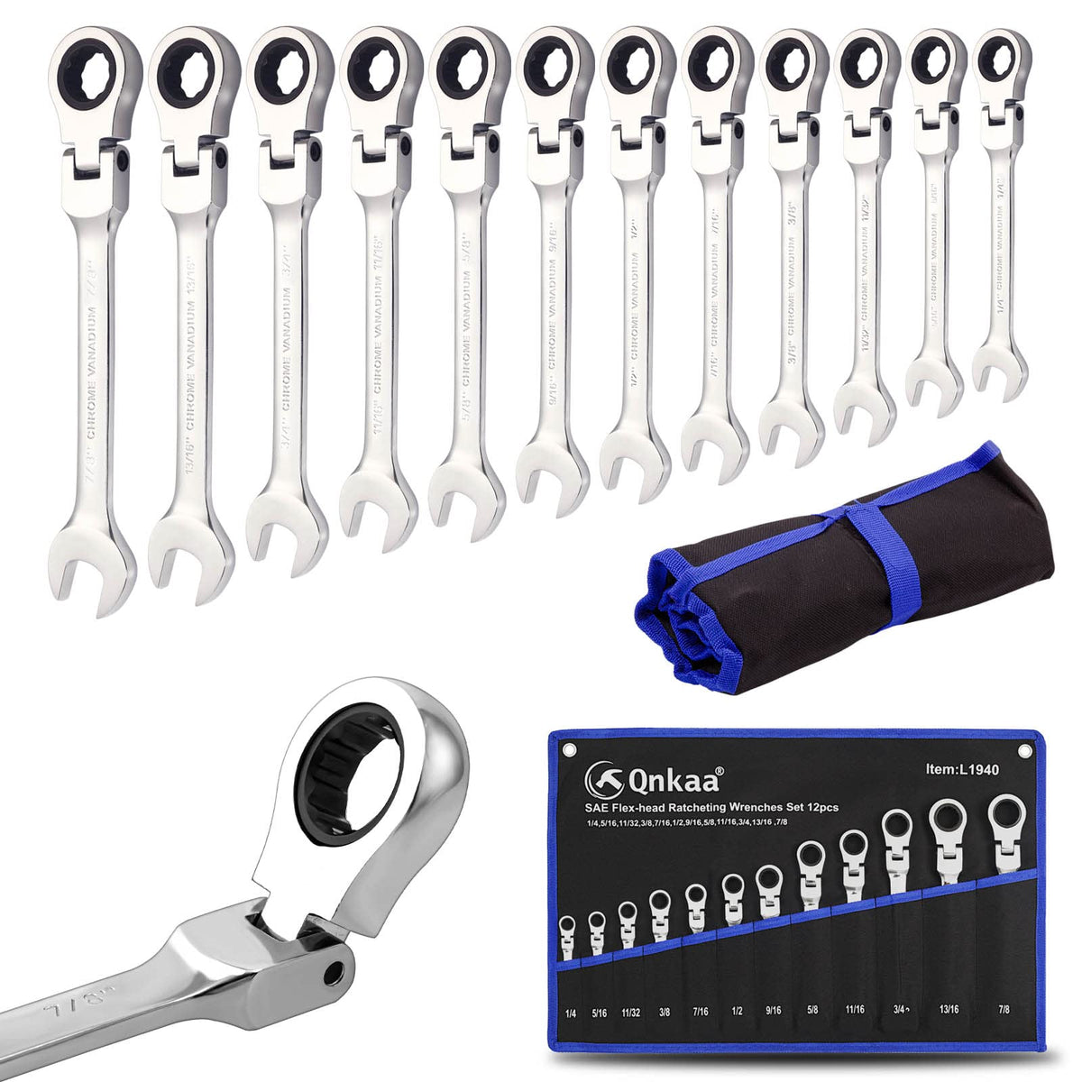 Qnkaa SAE ratchet wrenches 12pc set in rolled bag for organization