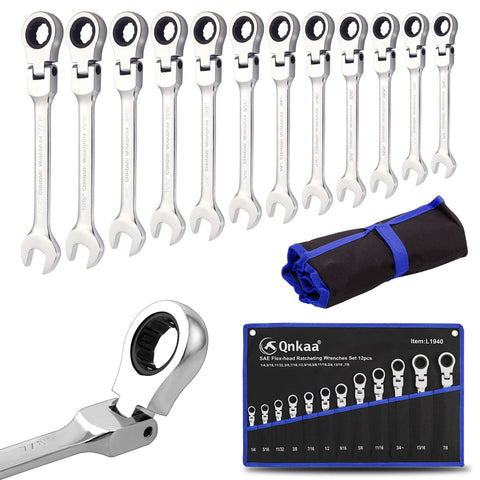 Qnkaa SAE ratchet wrenches 12pc set in rolled bag for organization