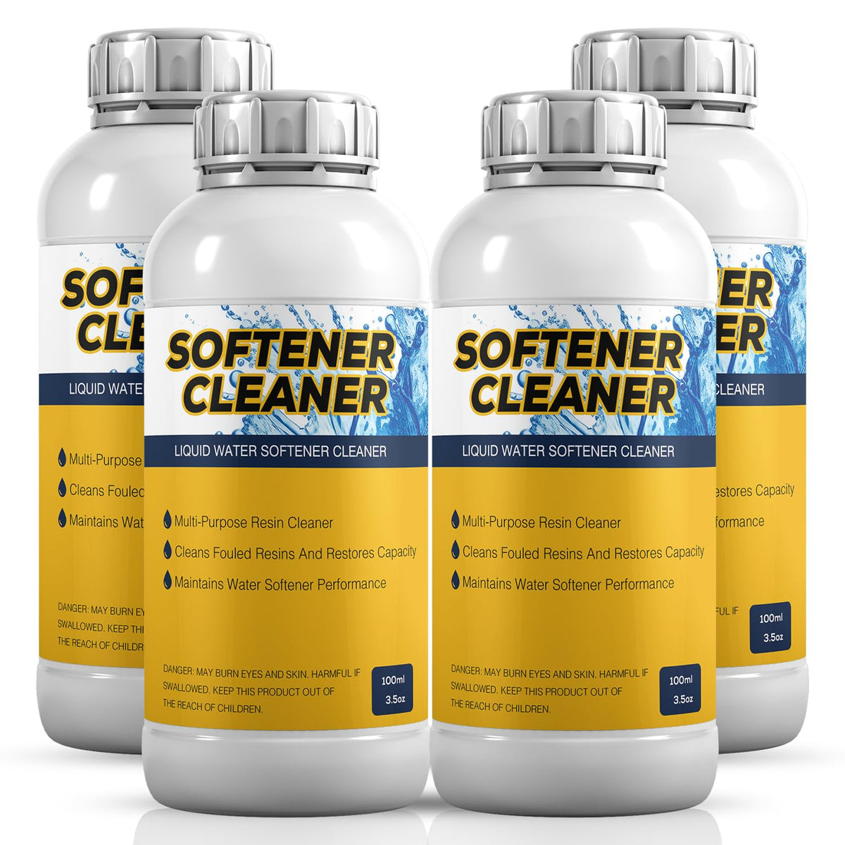 Qoddxx 4-pack water softener cleaner bottle for regular resin bed maintenance.