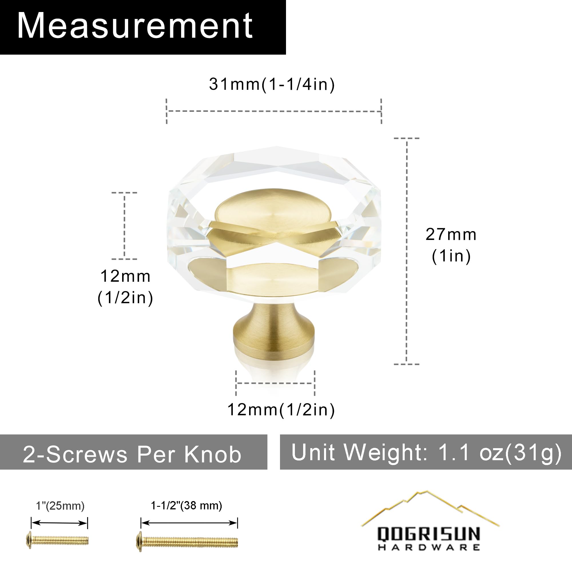 QOGRISUN brass crystal knob angle view showing light refraction