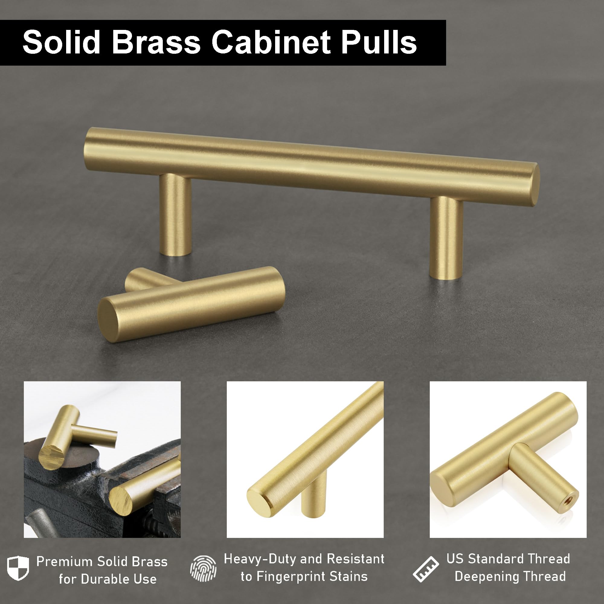 QOGRISUN brushed brass pulls installed on kitchen cabinets for a premium look.