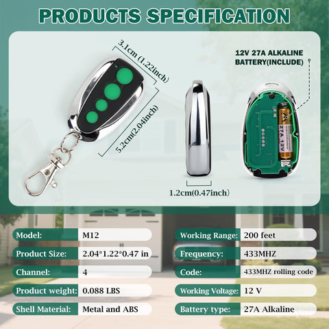 Qoroos M12 gate remote back view highlights the programming button for easy setup