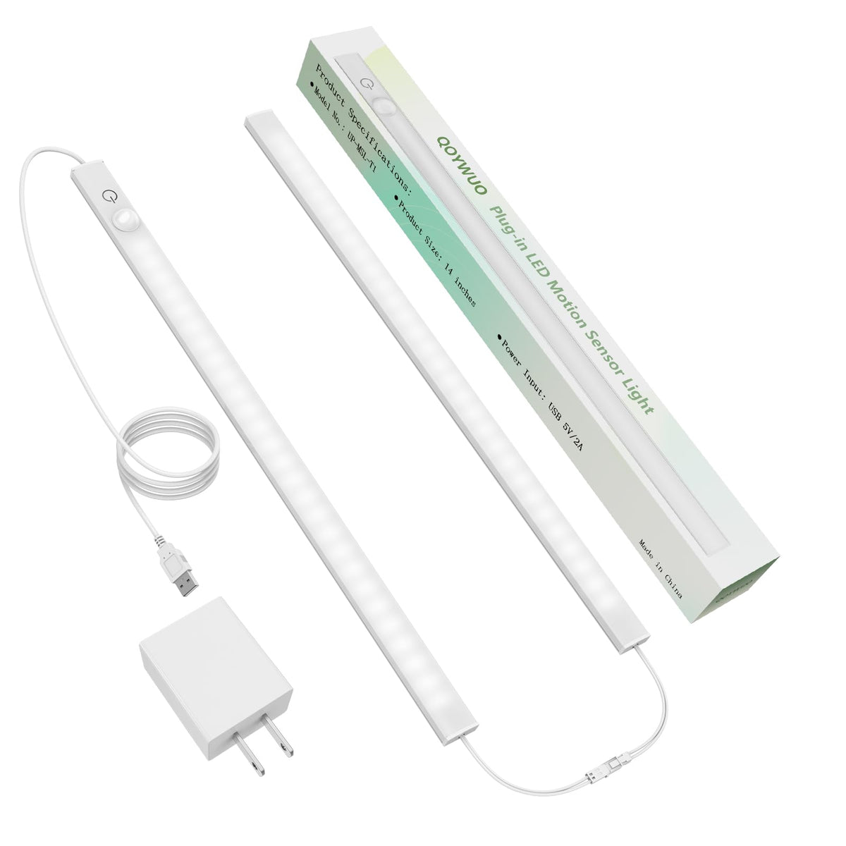 QOYWUO 14-inch slim LED motion light for cabinets, precise under-cabinet illumination.