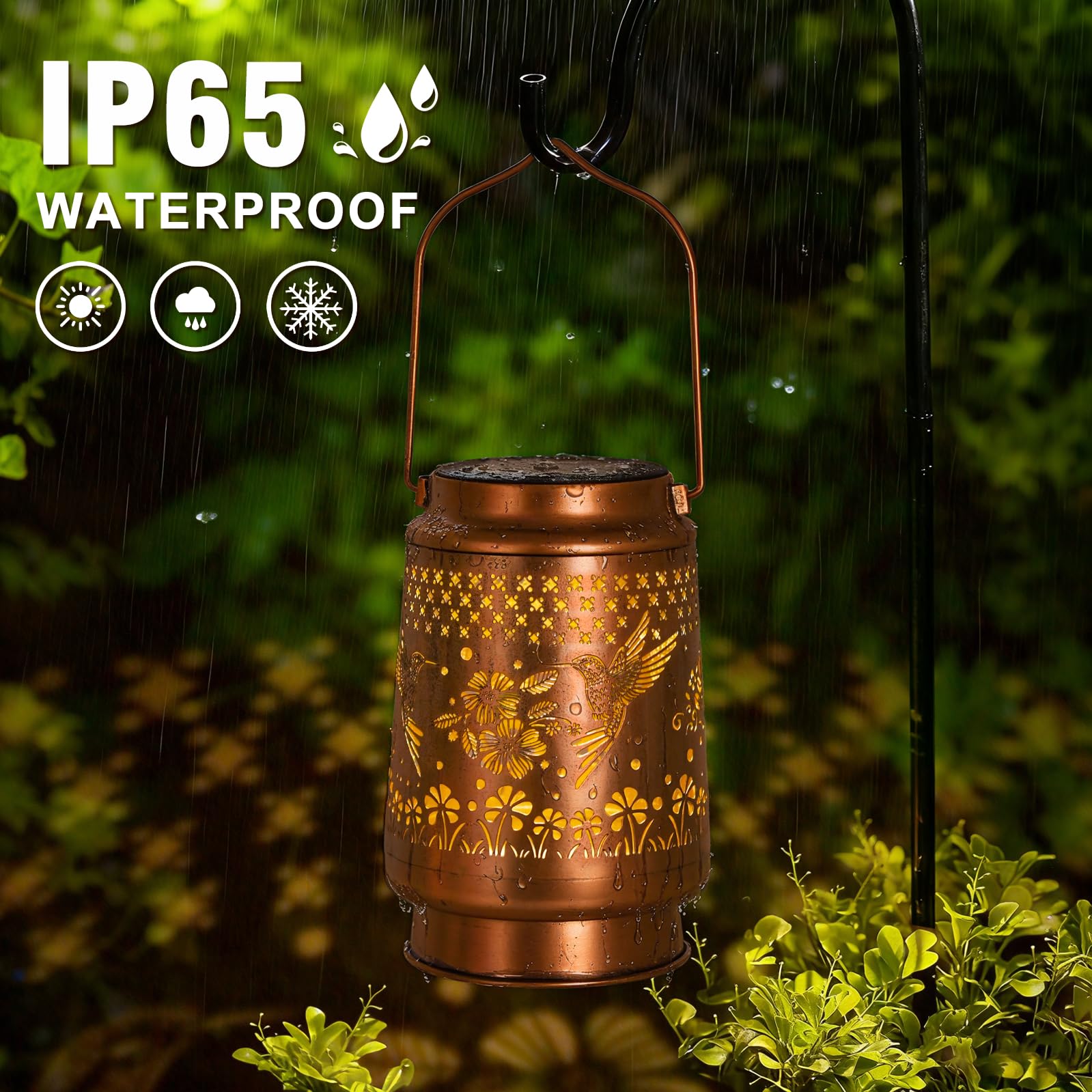 QPPDER hummingbird solar lantern on patio for ambient outdoor lighting
