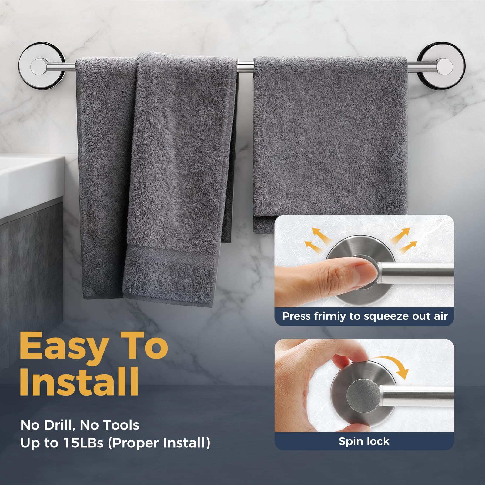 QQK brushed-silver stainless steel towel holder adds durable, rust-resistant style.