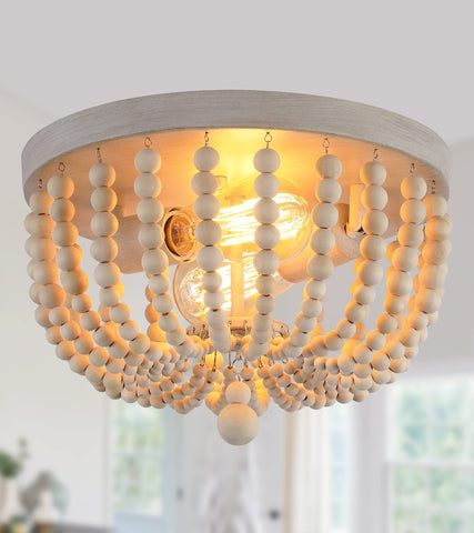 QS Boho Chandelier with wood beads in a flush mount design creating a cozy space ambience