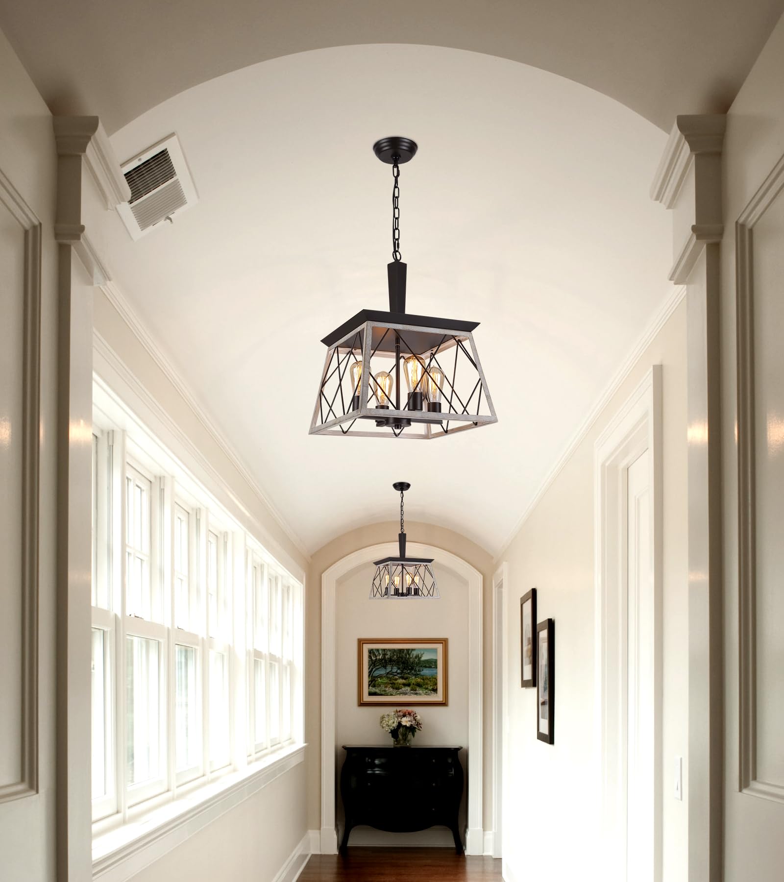 Q&S pendant light over kitchen island provides stylish task lighting and timeless charm.