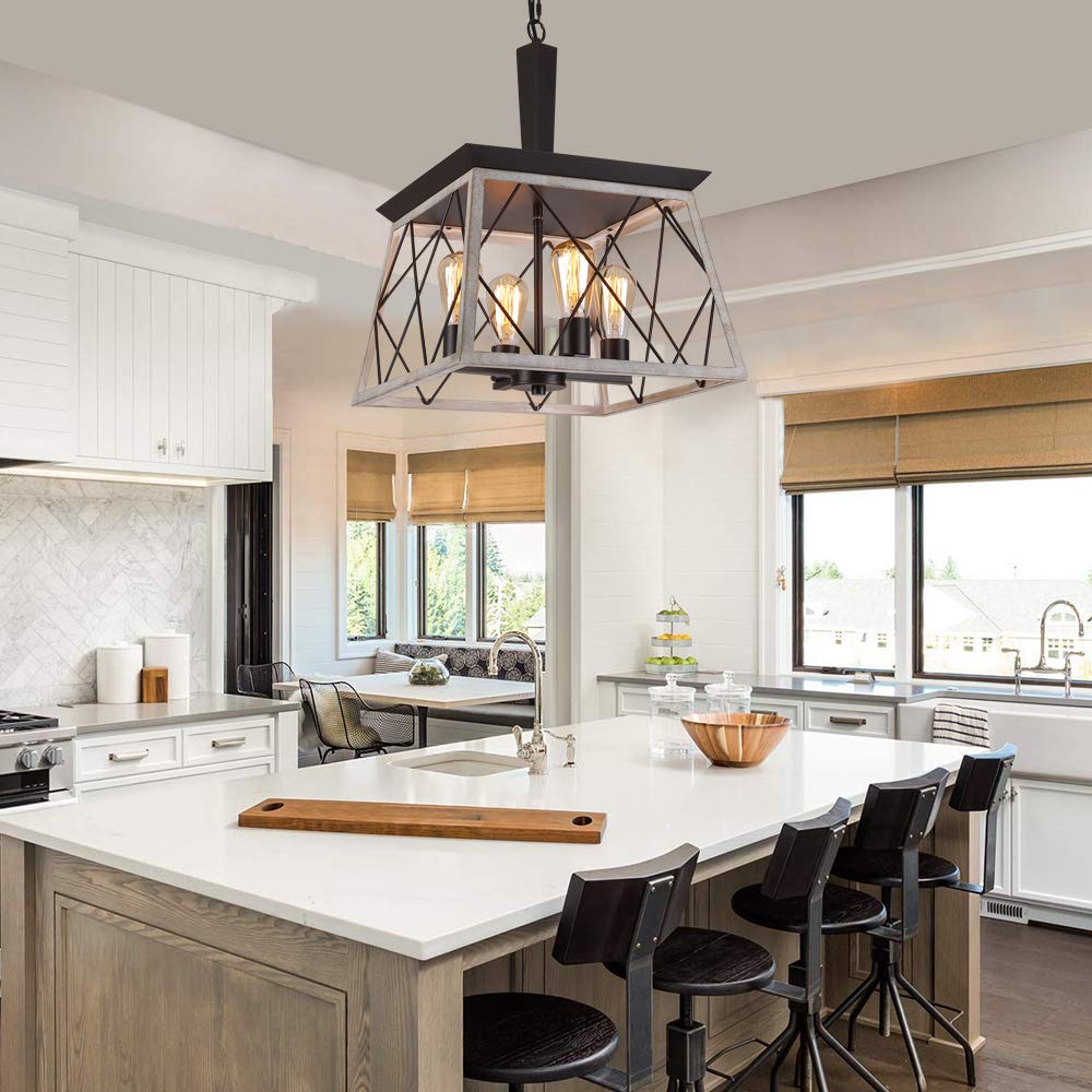 Versatile farmhouse chandelier fits dining rooms, kitchens, and entryways.
