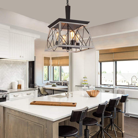 Versatile farmhouse chandelier fits dining rooms, kitchens, and entryways.
