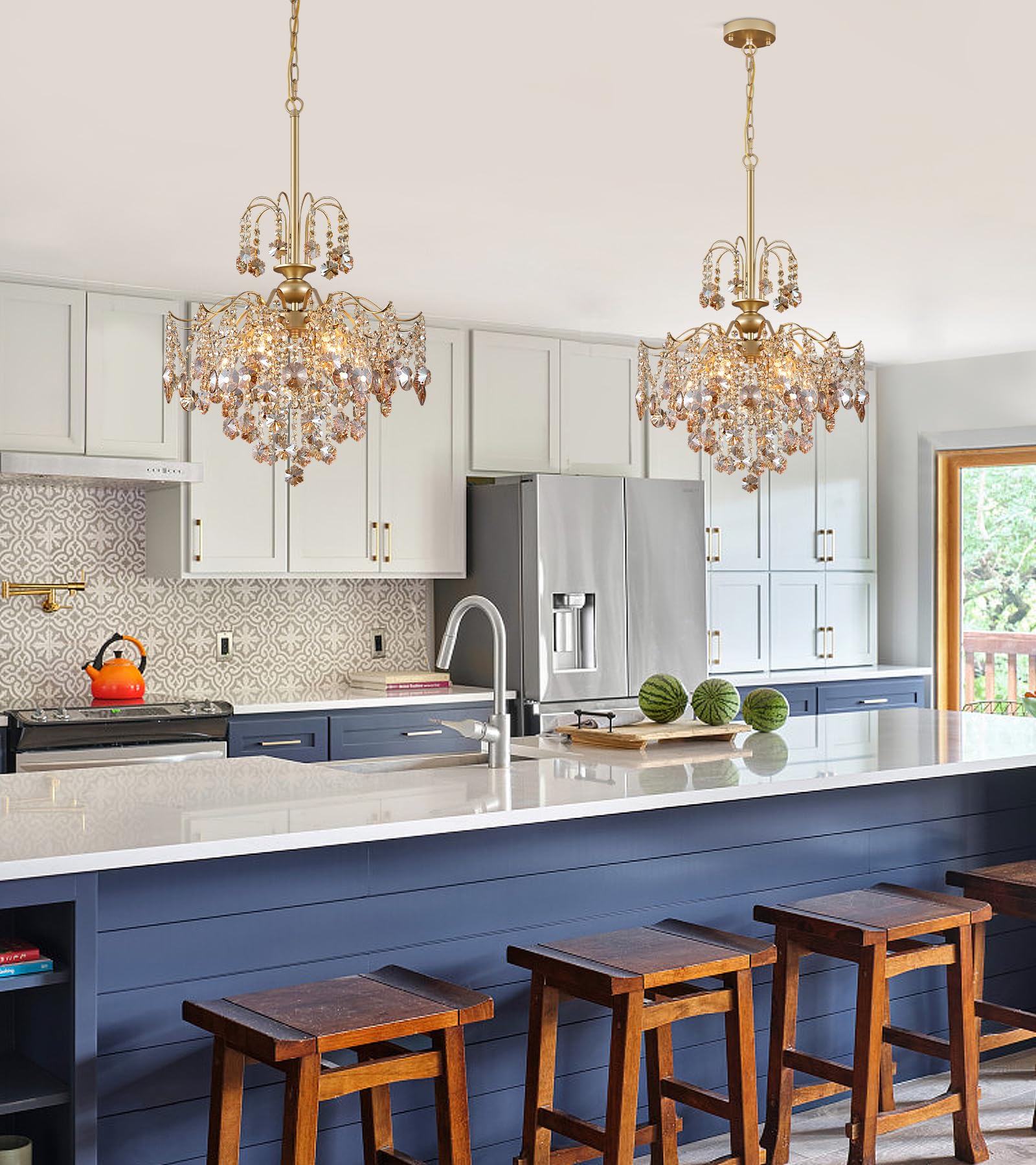 Q&S crystal pendant chandelier for living spaces with amber crystals and gold finish