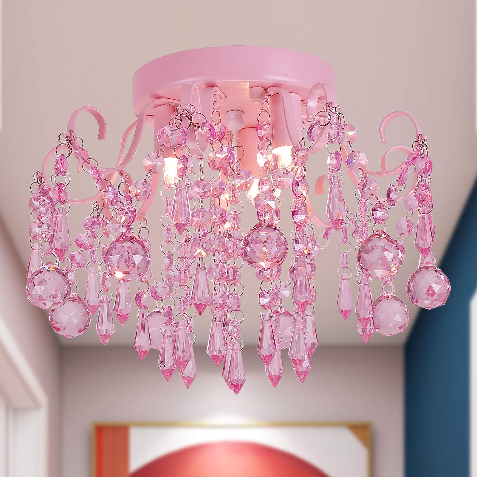 Q&S pink fixture brings warm soft light to kids rooms and nurseries.