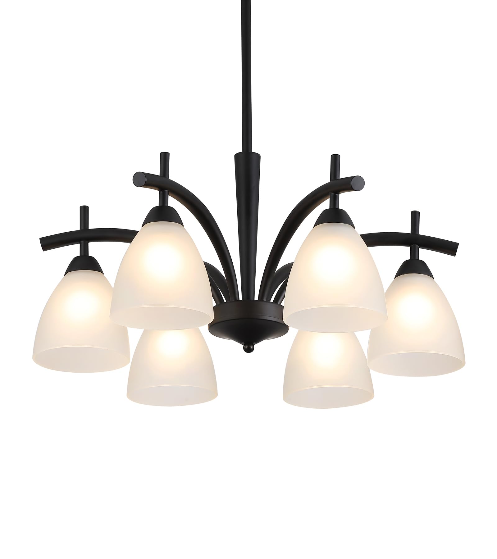 Q&S black glass chandelier as a statement piece for rustic-modern interiors.