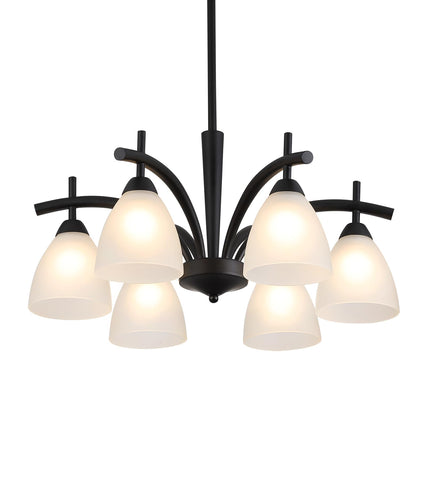 Q&S black glass chandelier as a statement piece for rustic-modern interiors.