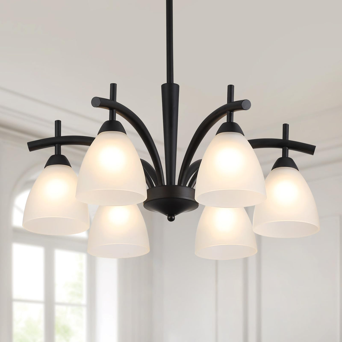 Q&S Modern Farmhouse chandelier with black frosted glass for warm dining room lighting.