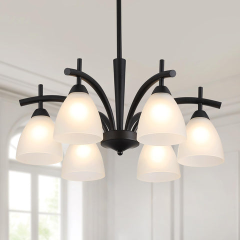 Q&S Modern Farmhouse chandelier with black frosted glass for warm dining room lighting.