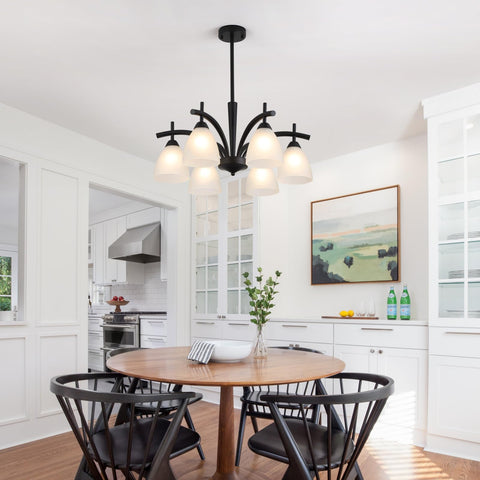 Q&S black frosted glass chandelier details entryway ambiance with durable UL listed design.