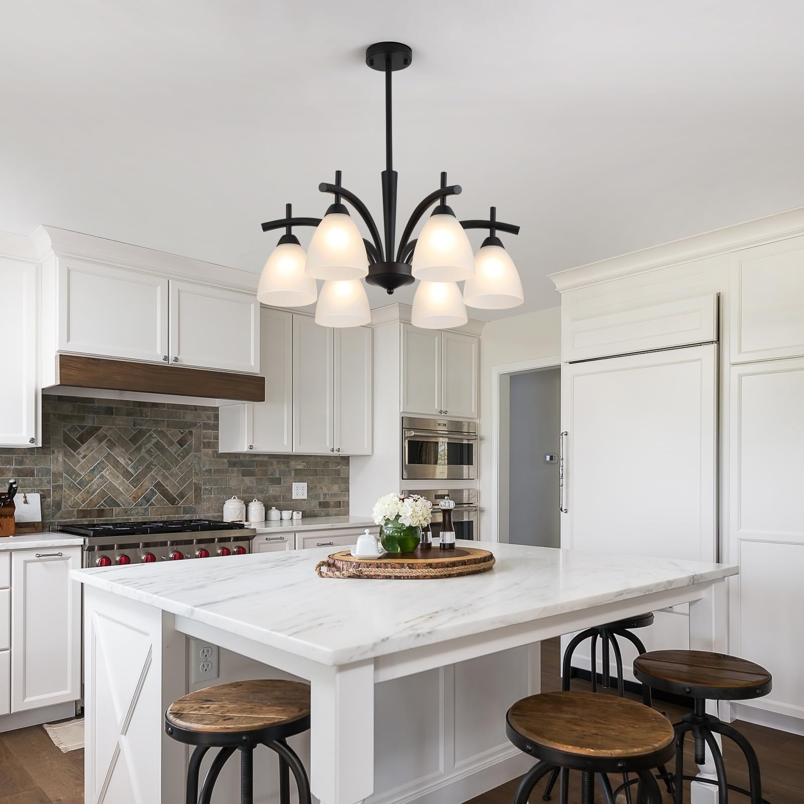 Q&S farmhouse chandelier in foyer setting, creates welcoming entry lighting with vintage charm.