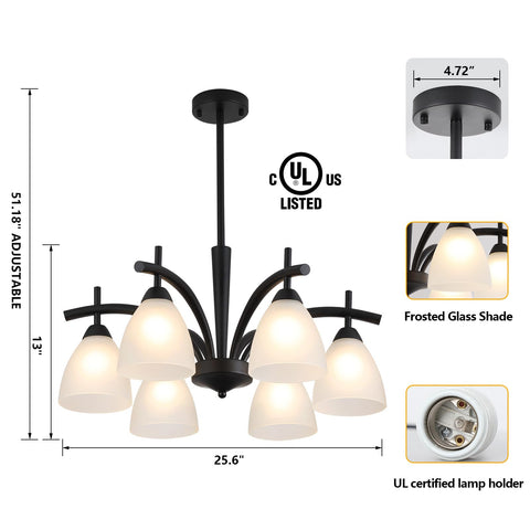 Q&S six-light chandelier over living room space with black frosted glass shades.