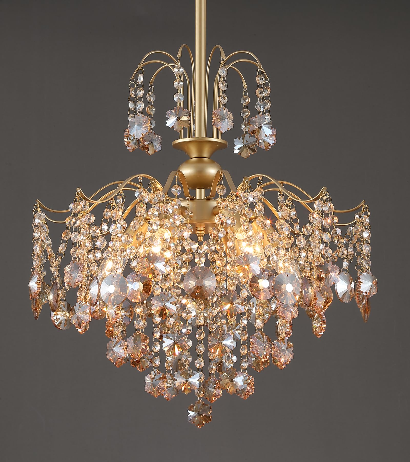 Q&S modern gold amber crystal chandelier six lights for elegant dining room ambiance