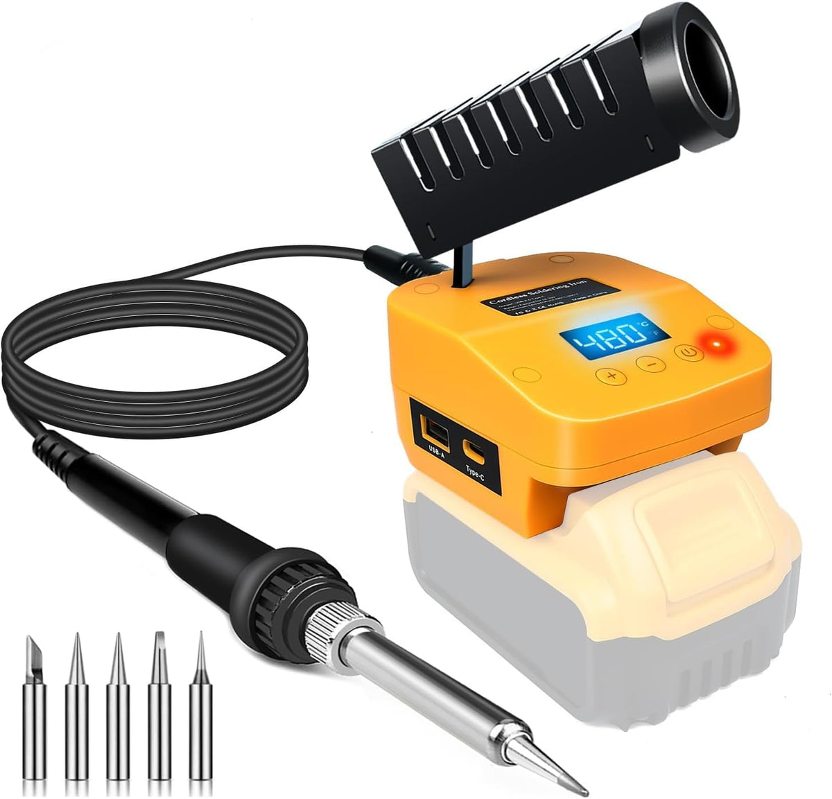 QSDXNYDC cordless soldering station for DeWalt 20V Max compatibility enabling quick electronics repairs.