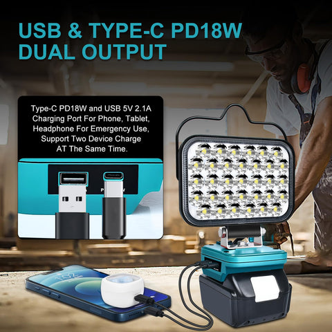 QSDXNYDC Makita 18V LED work light rear view with battery bay access