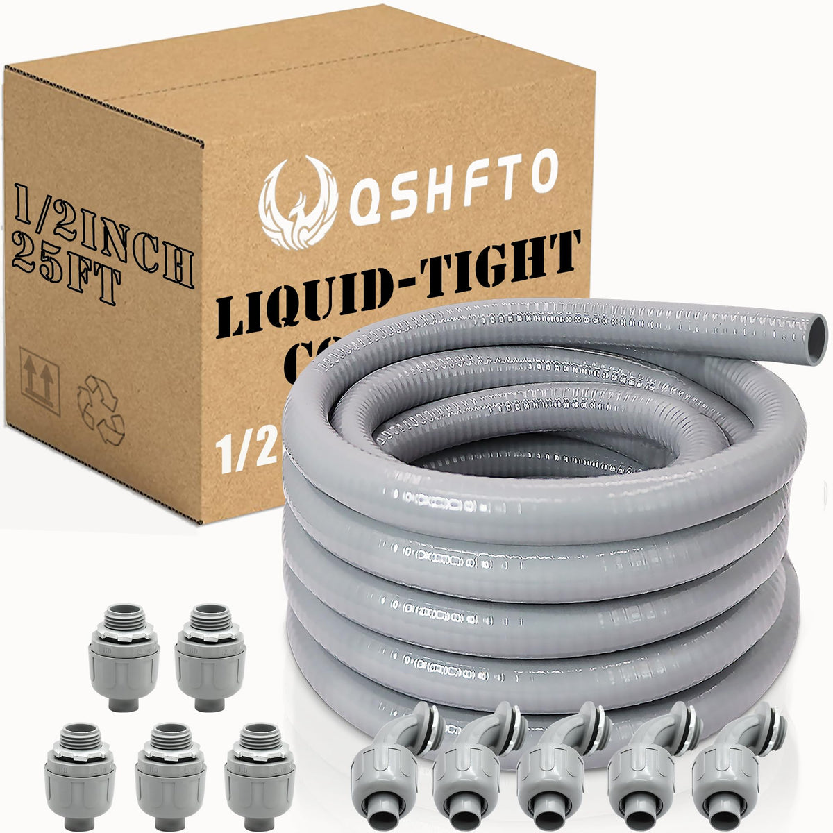 QSHFTO half-inch liquid-tight conduit 25 ft protecting wiring in rugged environments.