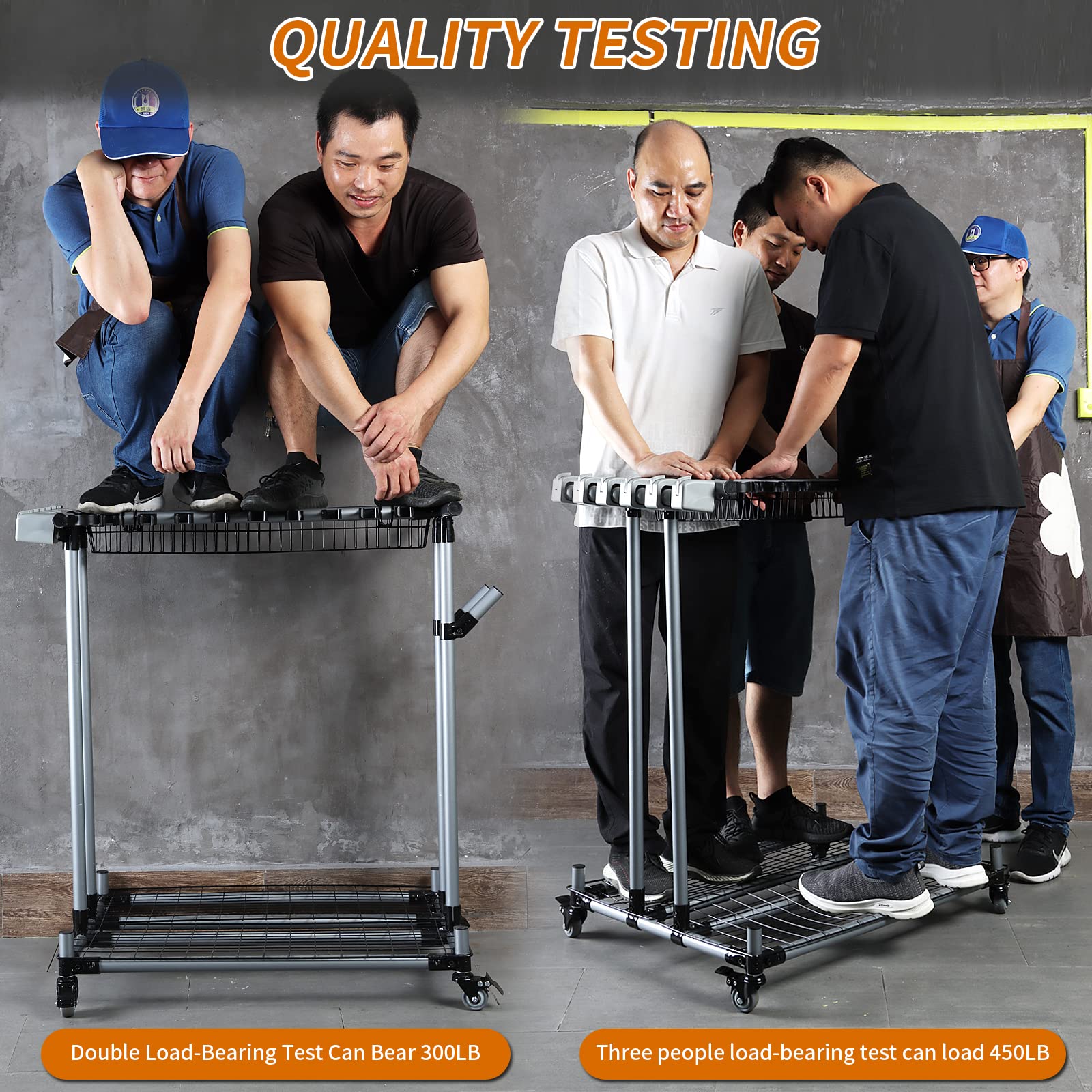 QTJH garage tool rack on durable casters with brakes for smooth movement and secure parking.