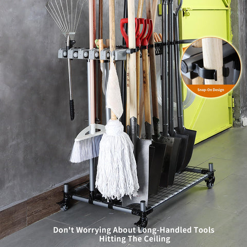 QTJH garden tool rack with shovel in place for easy reach and tidy yard workspace.