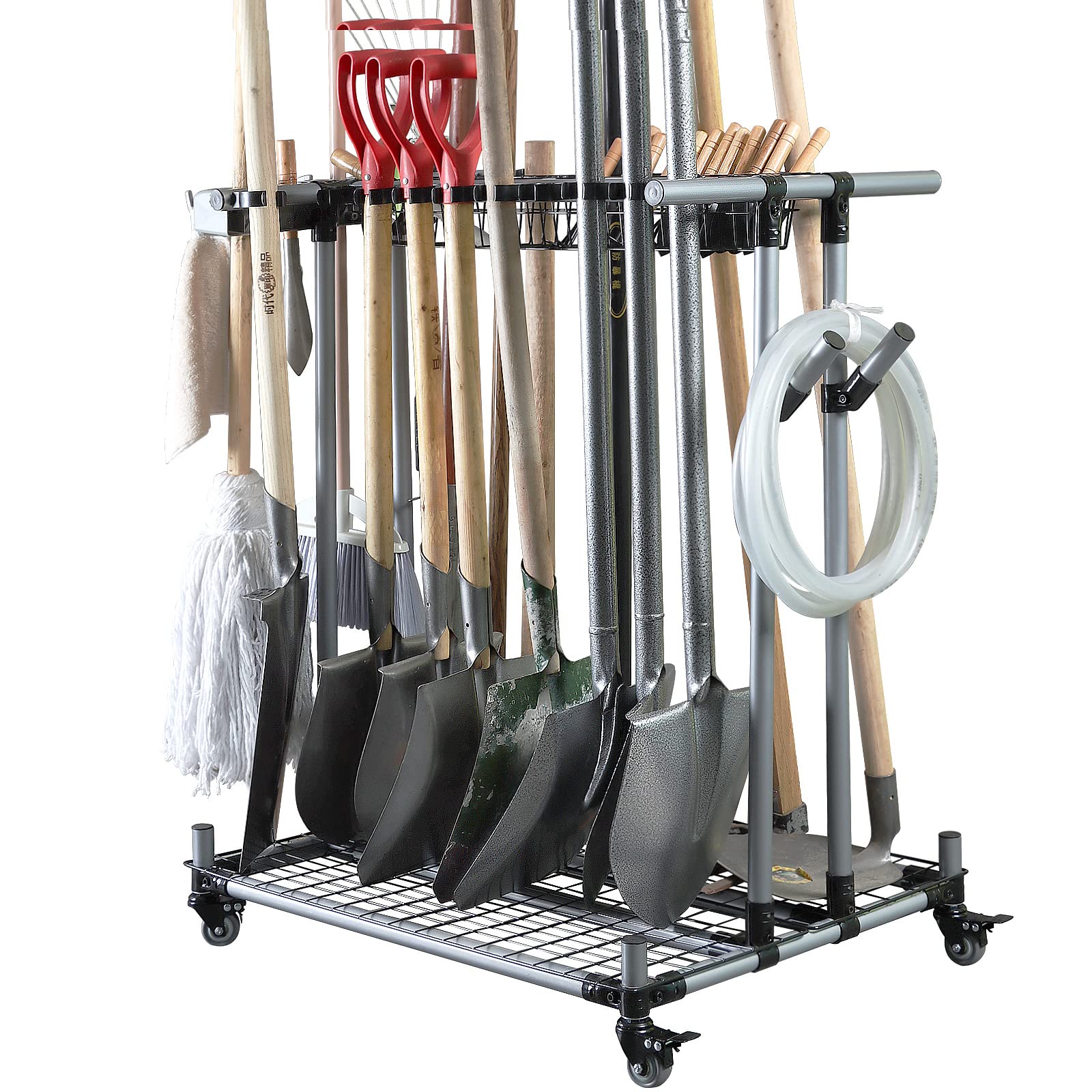 QTJH heavy-duty tool organizer side view showing space for long-handled tools for easy access.