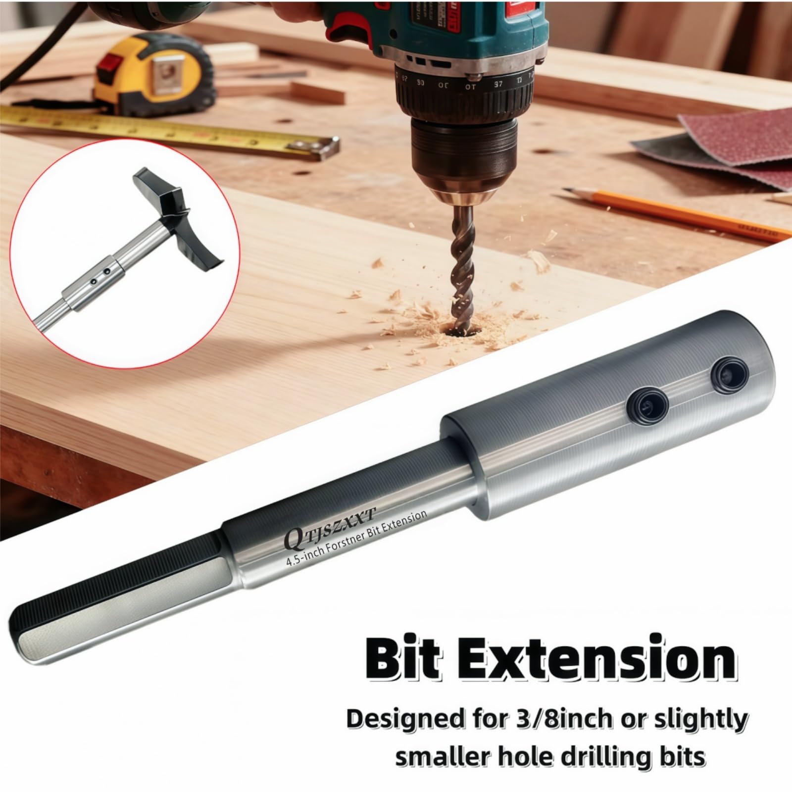 QTJSZXXT Hex shank 3/8 extension secures bits during fast drilling.