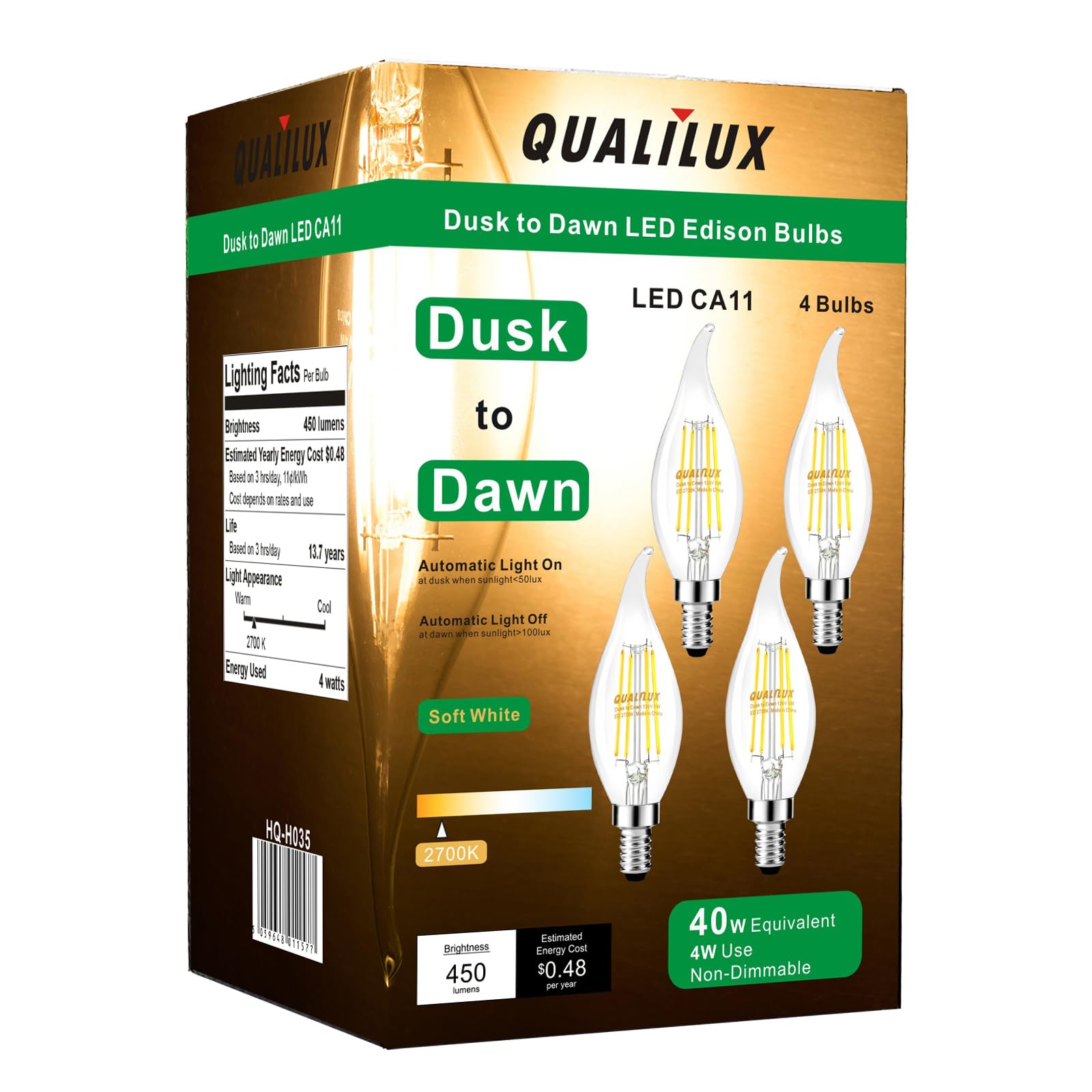 Qualilux Dusk to Dawn CA11 glass candle bulb for outdoor porch lighting with auto on/off.