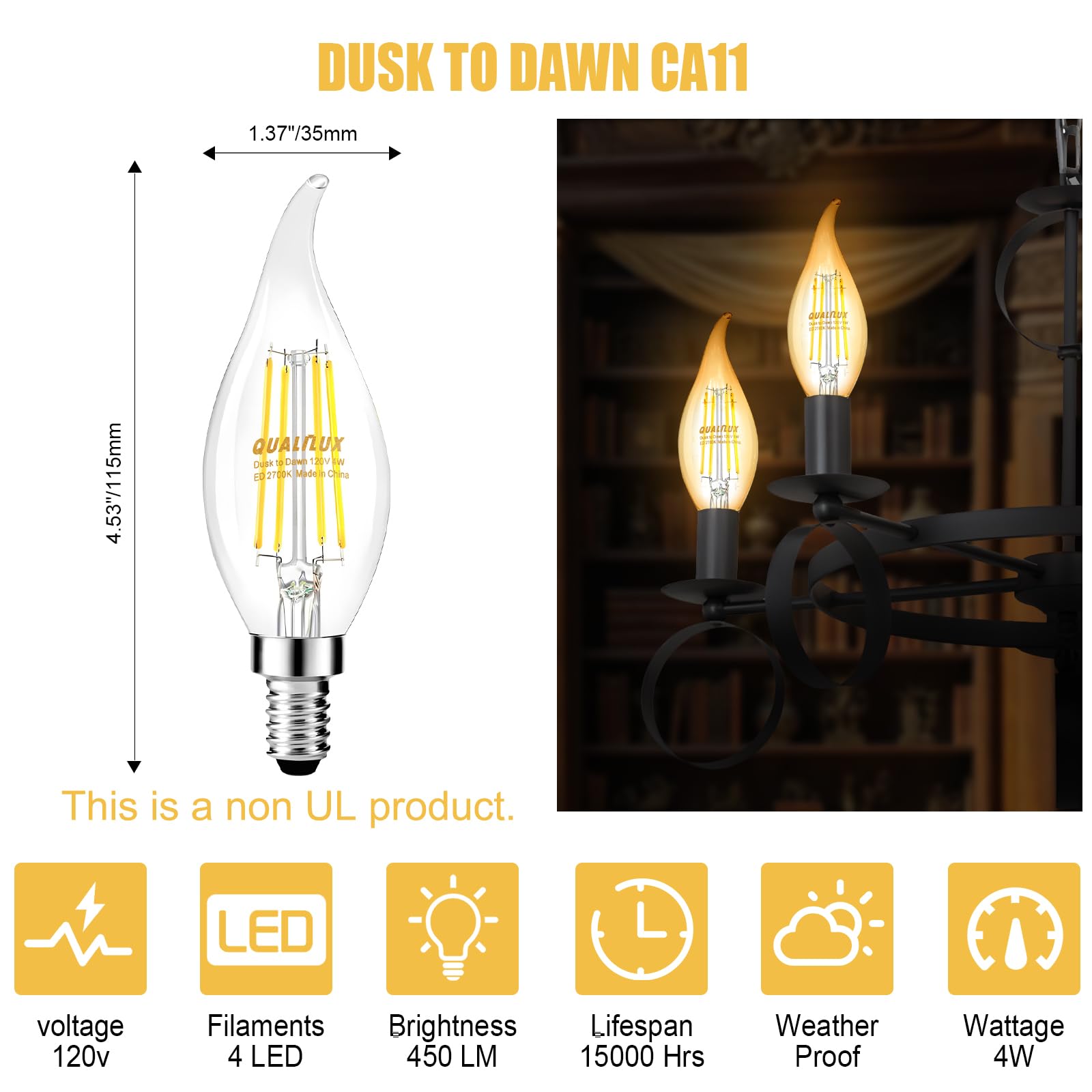 Qualilux outdoor sensor bulb enables dusk-to-dawn auto lighting along entryway.