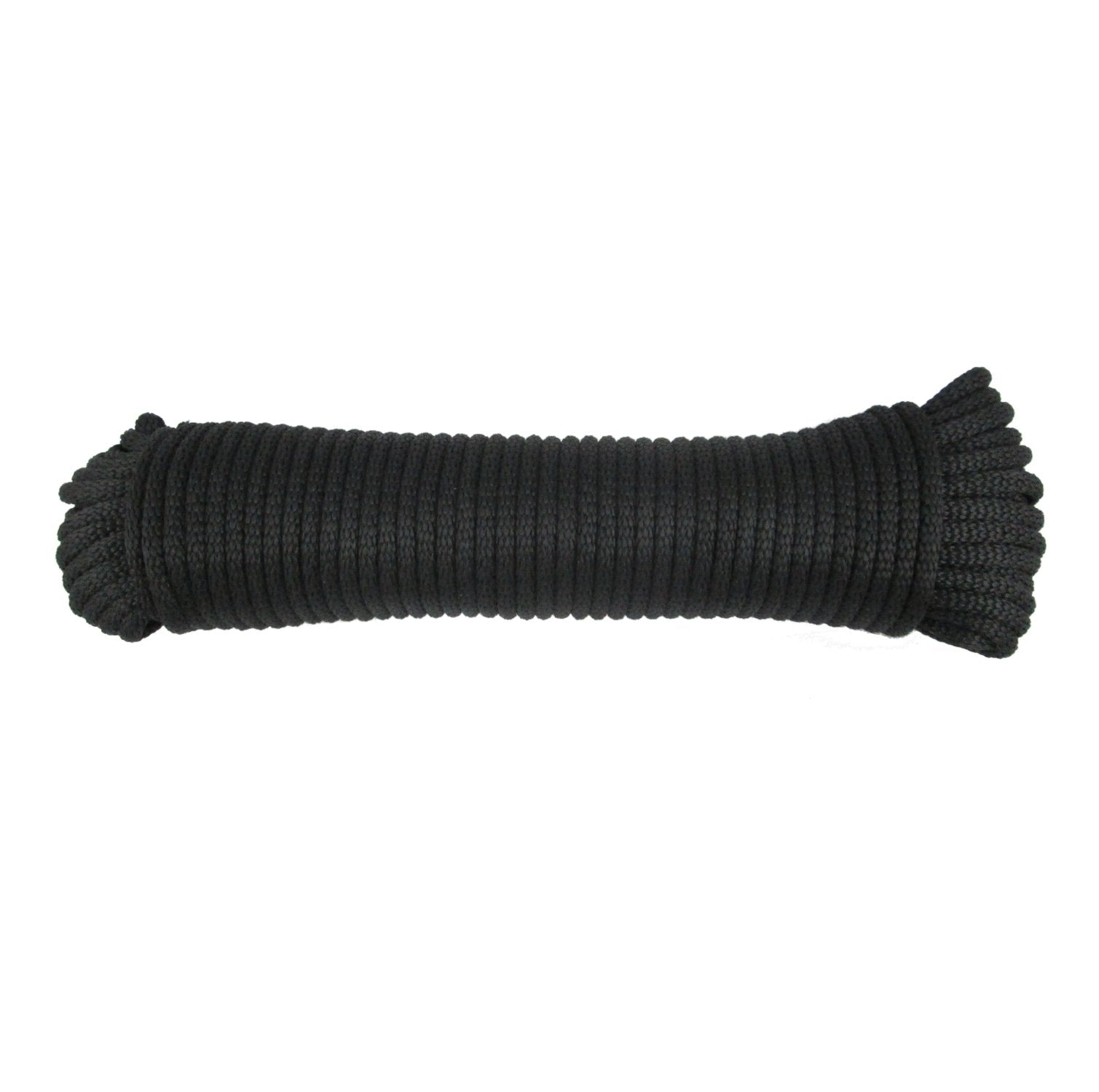 Quality Nylon Rope 1/4-inch black Dacron polyester rope for outdoor use with UV and abrasion resistance.