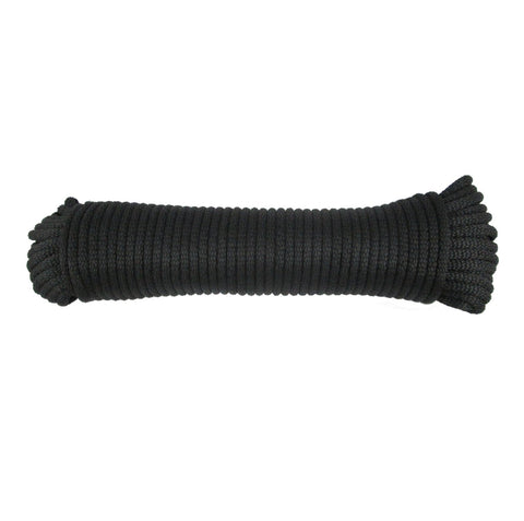 Quality Nylon Rope 1/4-inch black Dacron polyester rope for outdoor use with UV and abrasion resistance.