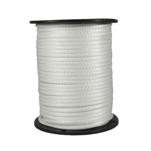 Quality Nylon Rope spool shows 1/4 inch white solid braid for rugged outdoor securing