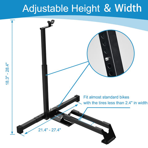 Qualward vertical bike stand track adjustment enabling secure tire width tuning