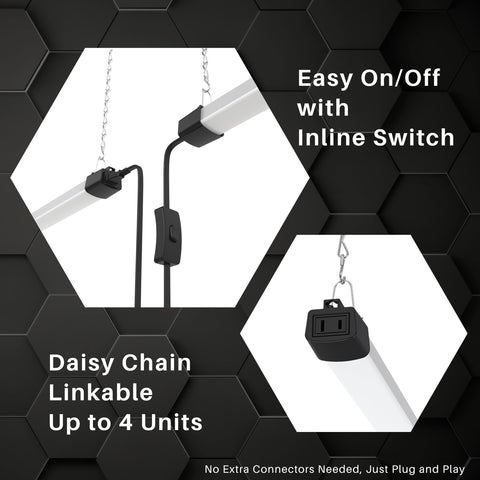 Quarterback 4ft LED shop light over a workbench enhances precision tasks.