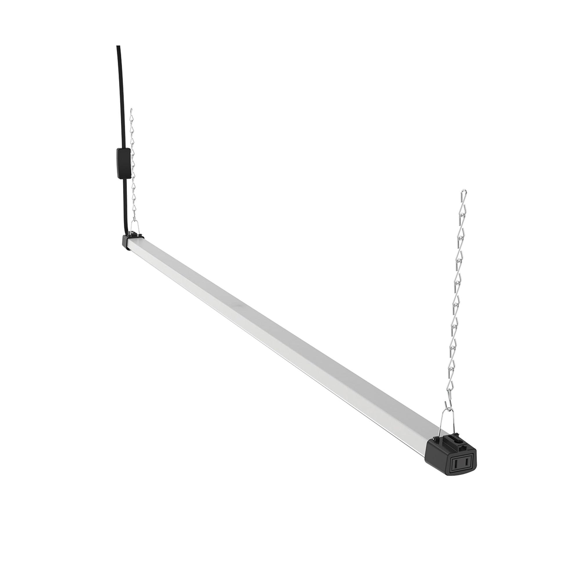 Quarterback 4ft LED shop light ceiling mount brightening a garage workspace.