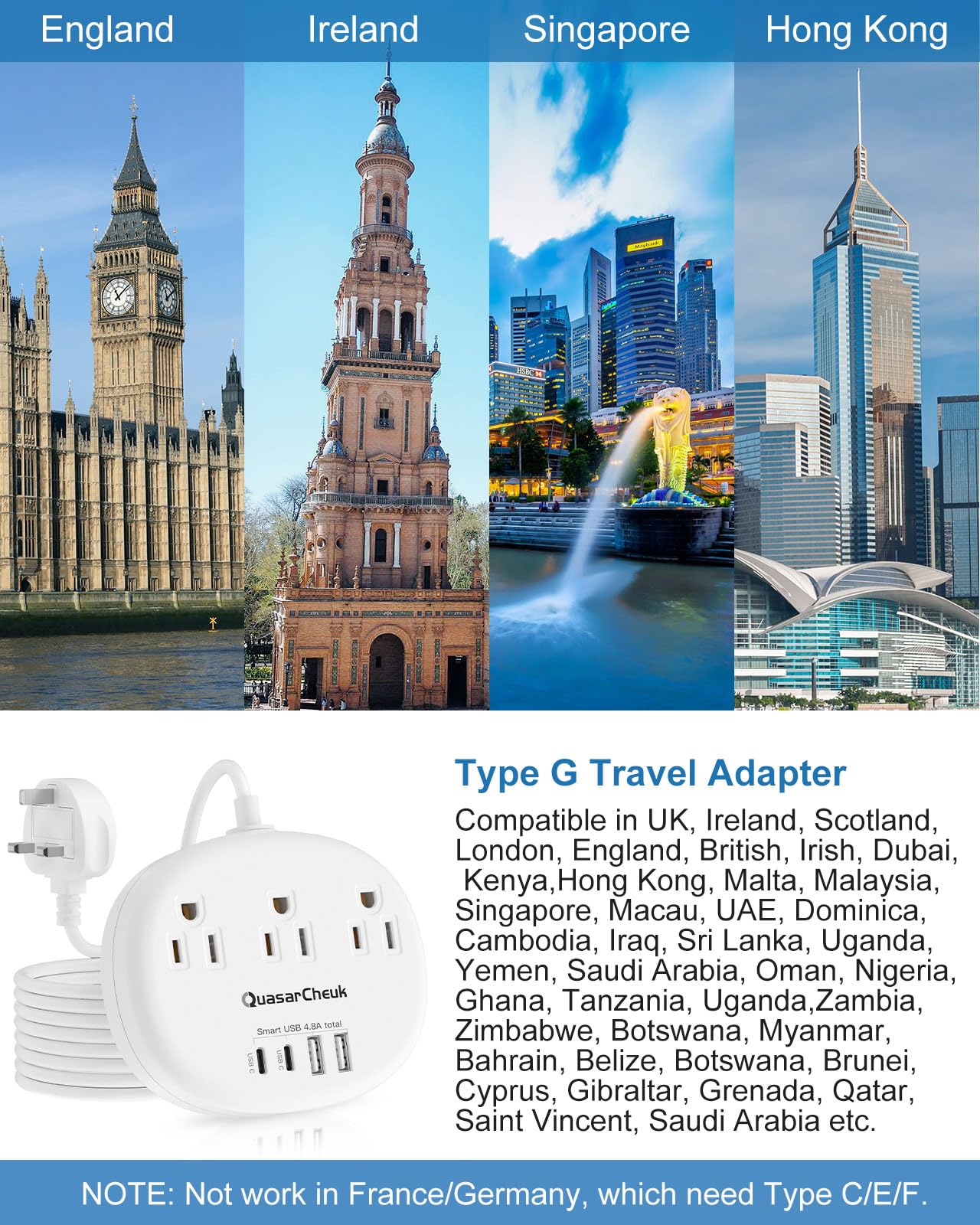 QuasarCheuk 7-in-1 adapter with UK sockets for versatile travel.