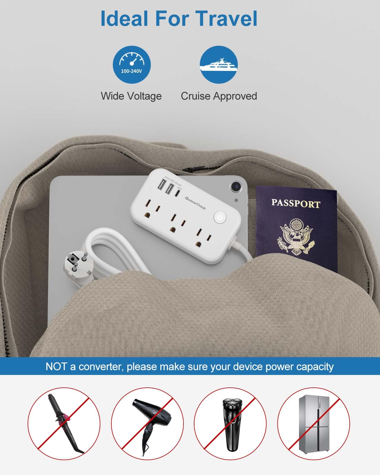QuasarCheuk Type E/F adapter on a cruise ship as a tidy charging hub.