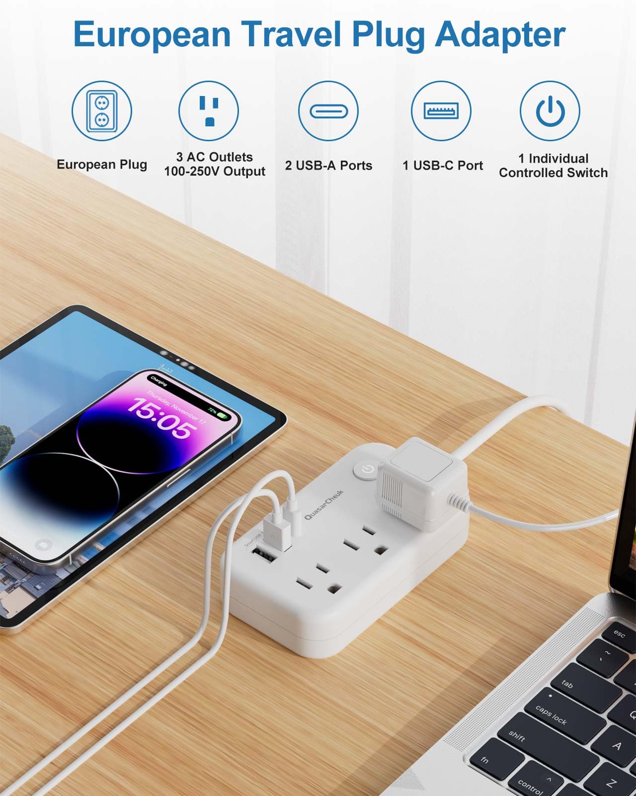 QuasarCheuk travel plug across European sockets for 100-250V power.