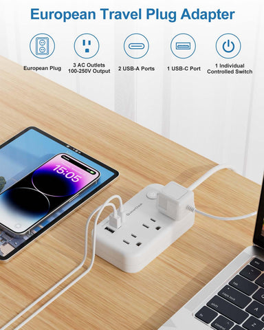 QuasarCheuk travel plug across European sockets for 100-250V power.