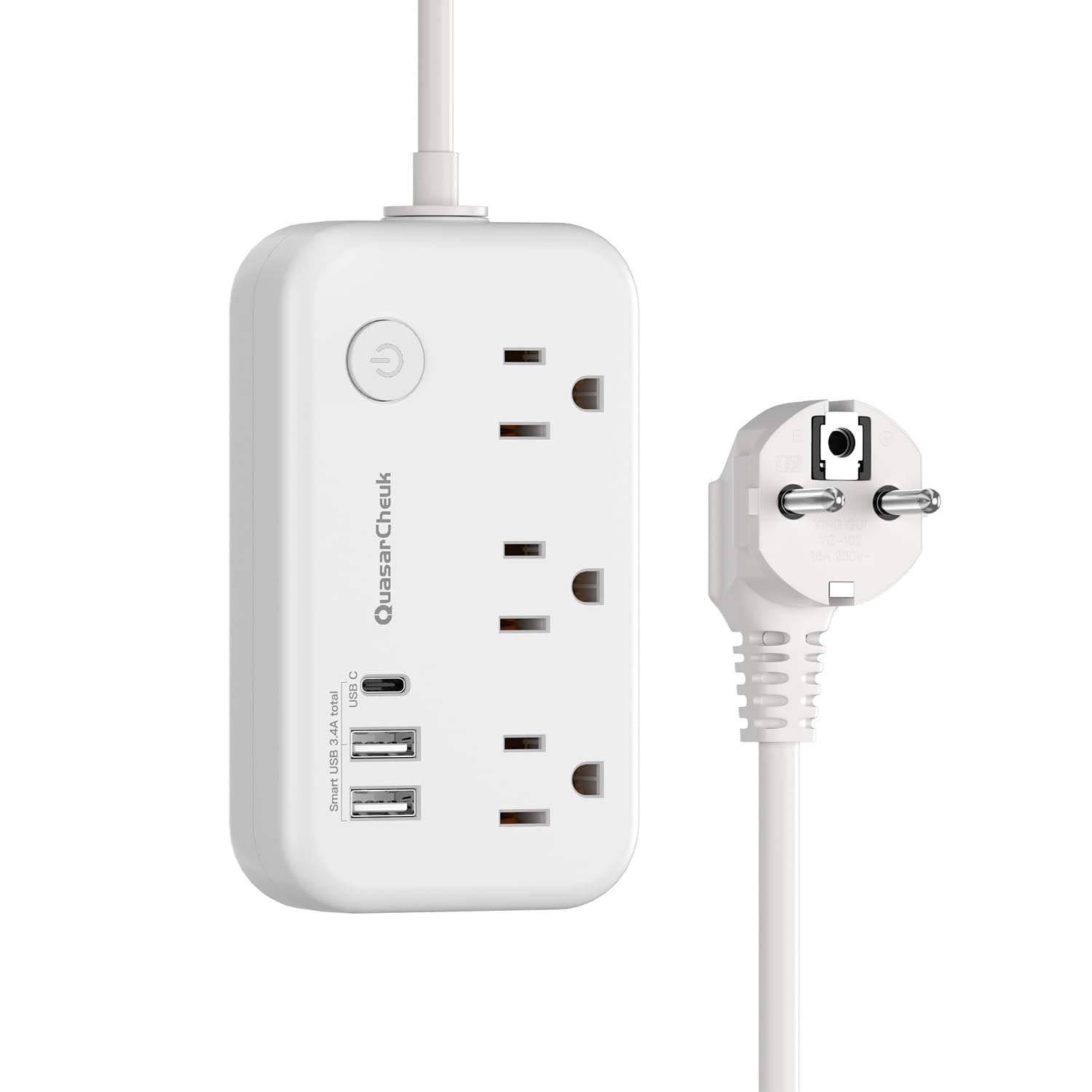 QuasarCheuk Type E/F plug adapter front view showing compact 6-in-1 design for travel.