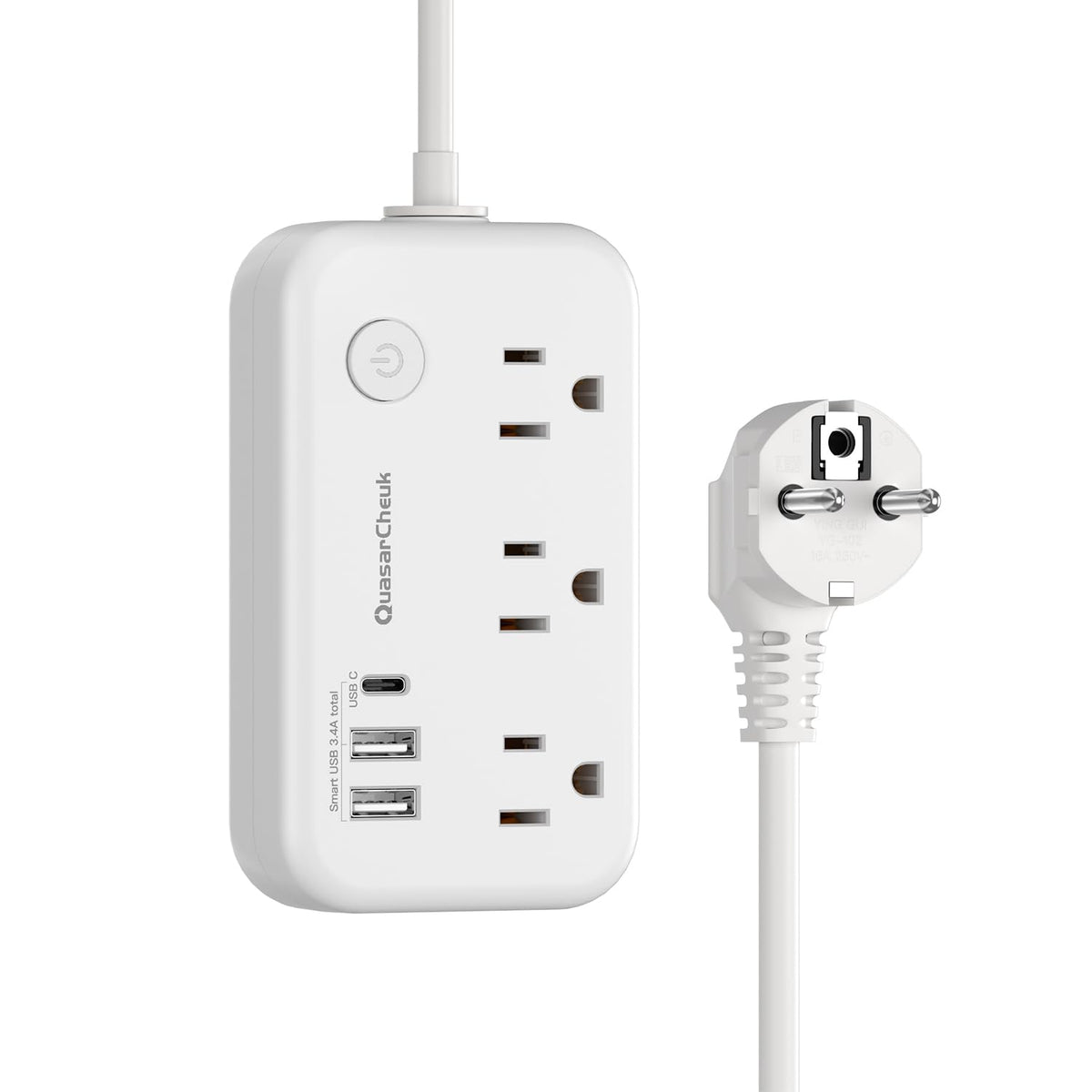 QuasarCheuk Type E/F plug adapter front view showing compact 6-in-1 design for travel.