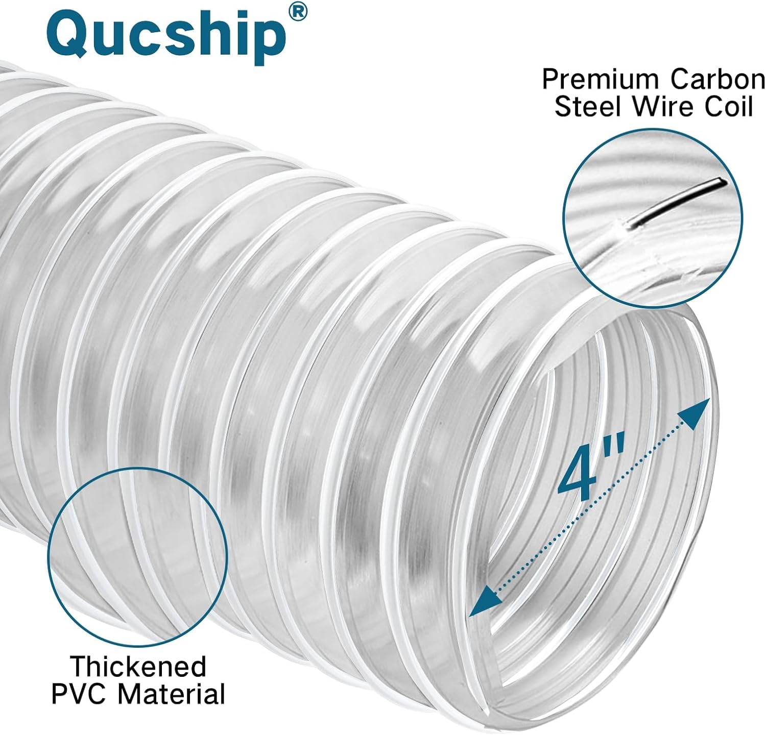 Qucship clear PVC fume hose, side view, showing internal clarity for debris flow.