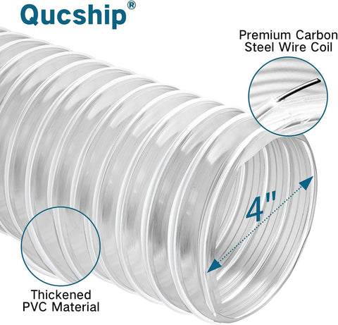 Qucship clear PVC fume hose, side view, showing internal clarity for debris flow.