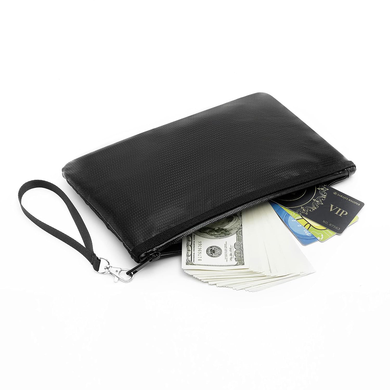 Quctak fireproof money bag with strap for easy carrying.