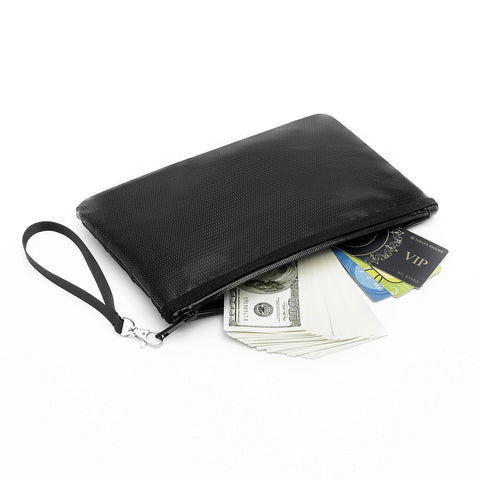 Quctak fireproof money bag with strap for easy carrying.
