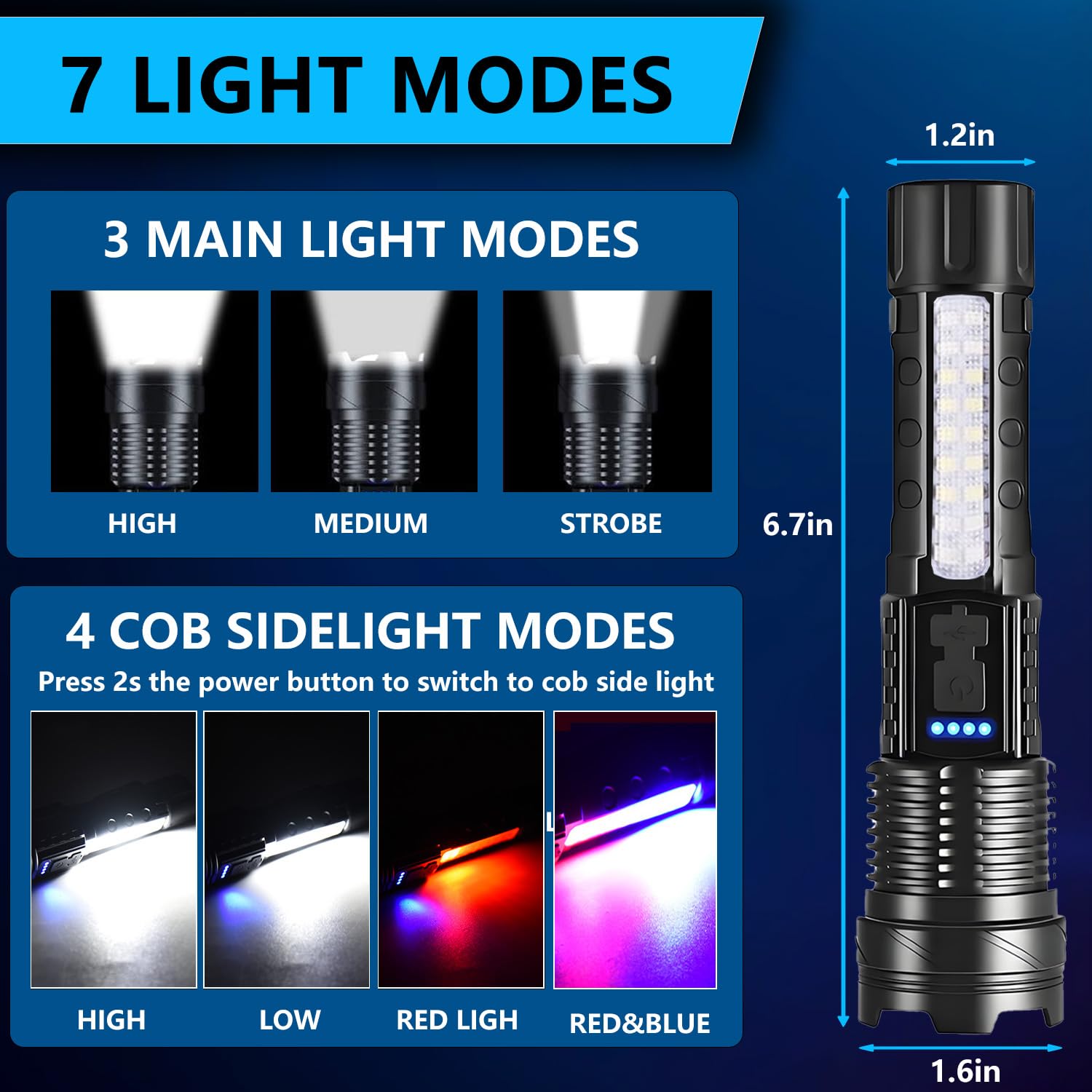 Queena flashlight COB side light shows auxiliary illumination for work and signaling.