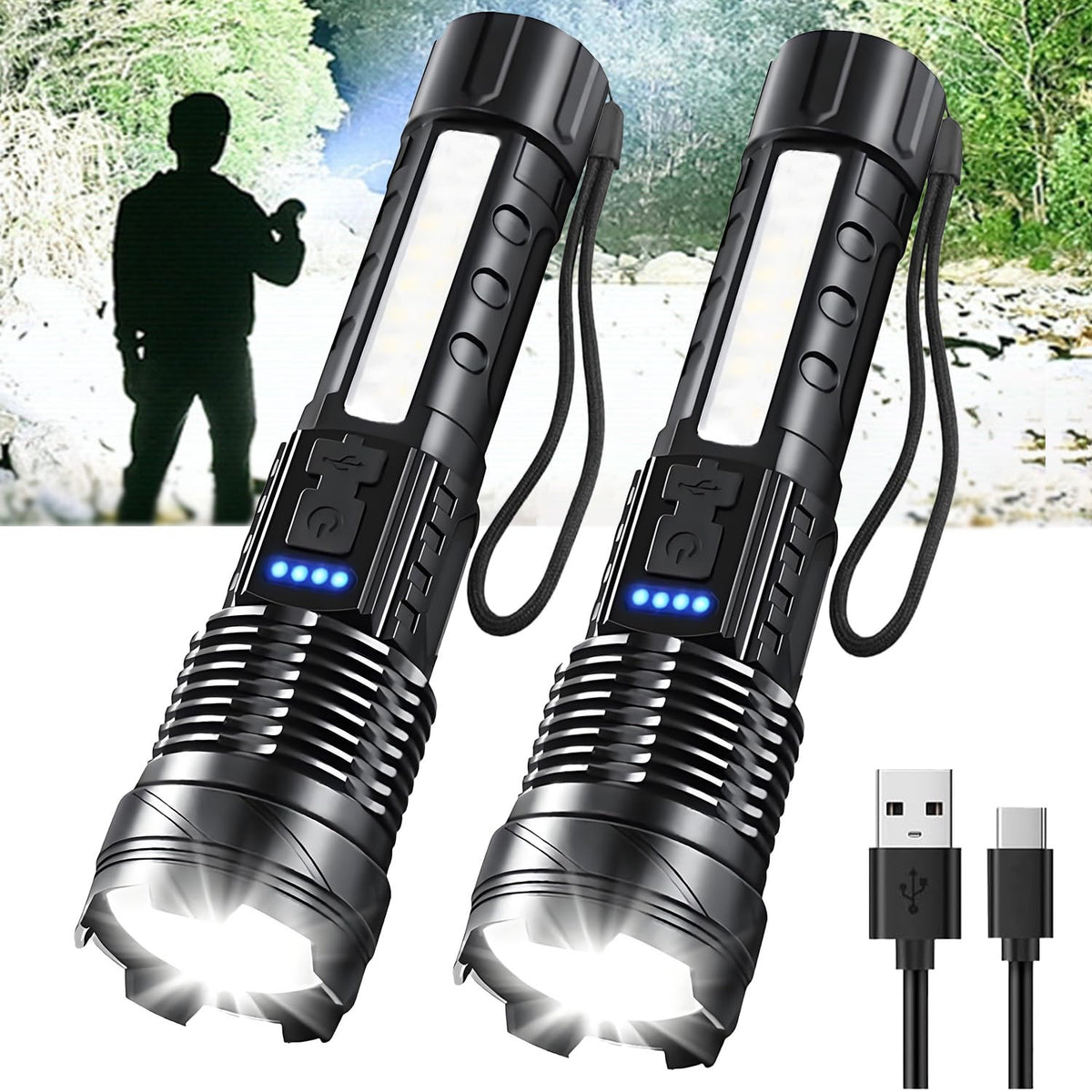 Queena rechargeable LED flashlight front view, compact power for home and outdoor use.